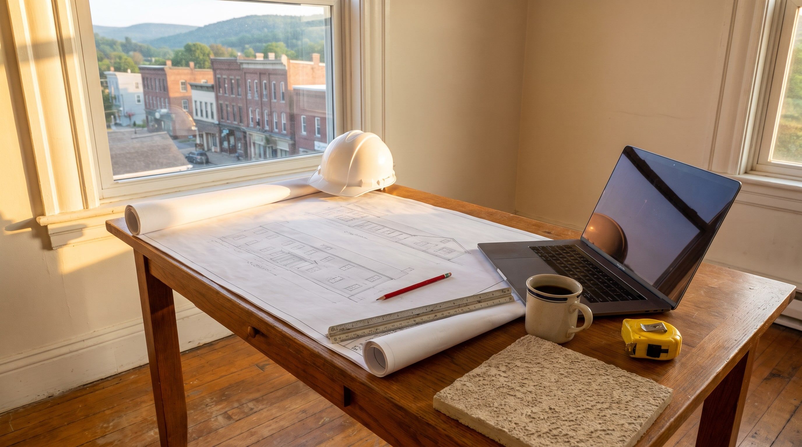 A builder's desk by a window at sunrise: printed elevation drawings, a white hard hat, a tape measure, a stucco sample, a laptop and a cup of coffee