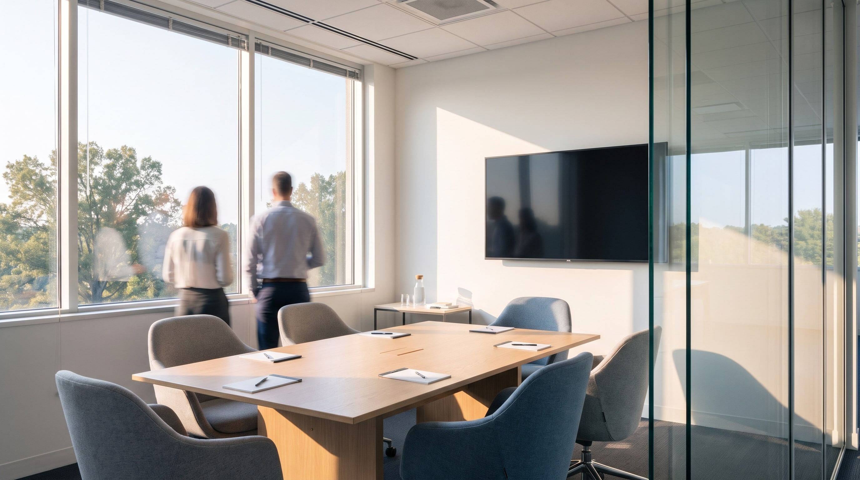A bright, quiet meeting room with a table set for a planning session