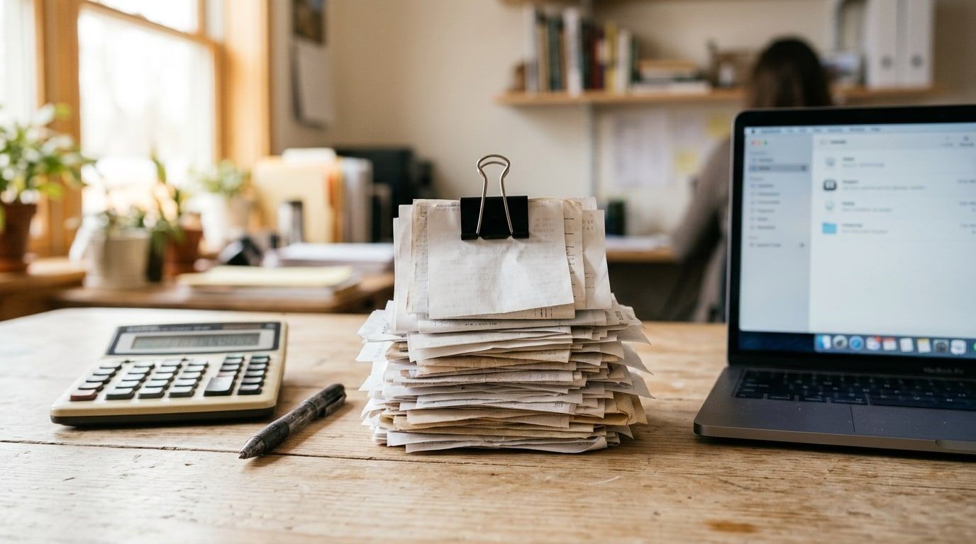 A clipped stack of paper receipts, a calculator and an open laptop on a wooden desk