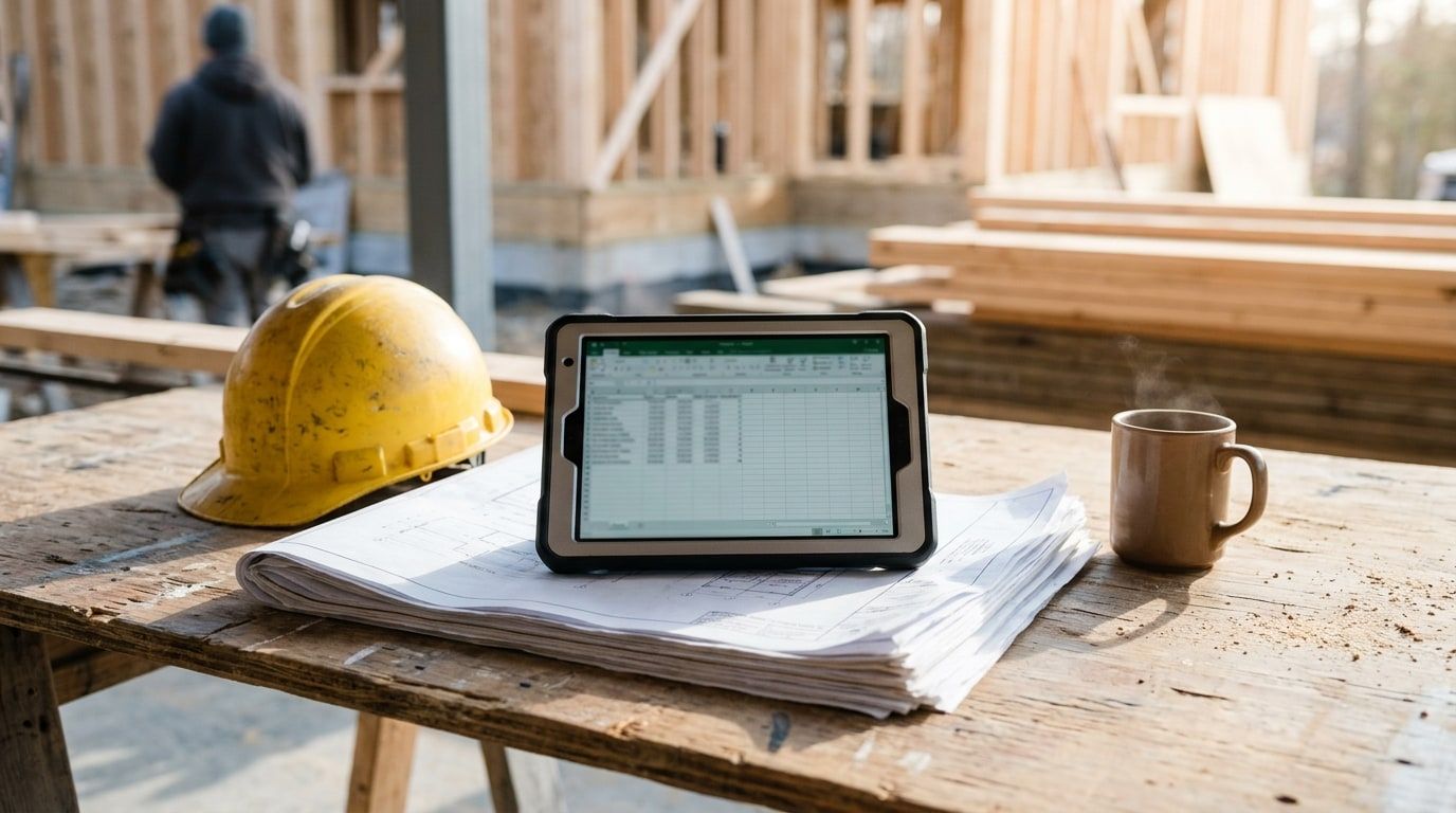 A hard hat, a tablet with a spreadsheet and a stack of plans on a sawhorse table at a framing job site