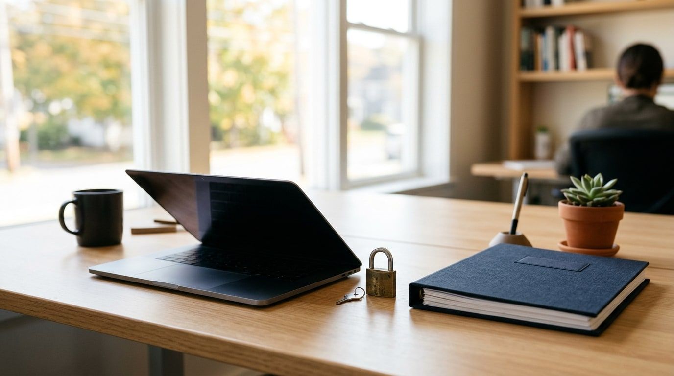 A half-closed laptop, a small padlock and a notebook on a bright office desk