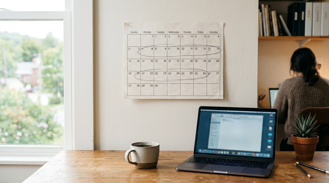 A paper wall calendar with two weeks circled, above a desk with a laptop and a mug