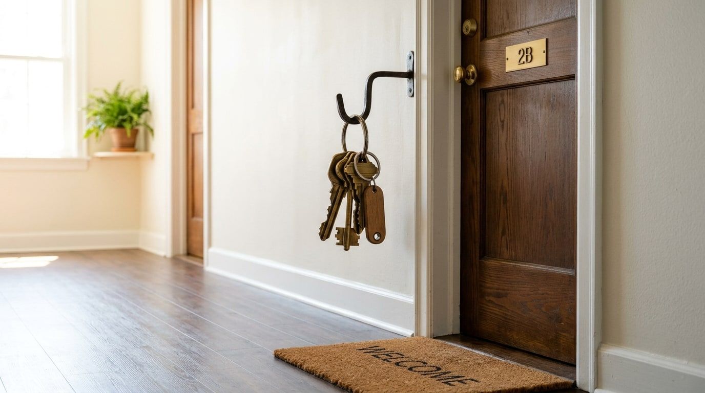 A ring of keys hanging inside an apartment door, with a welcome mat on the floor