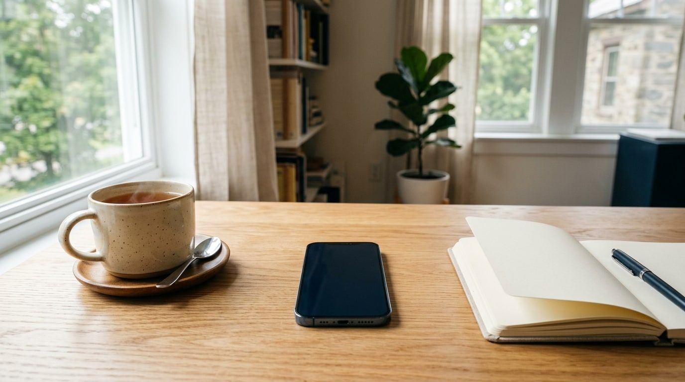 A phone, a cup of coffee and an open notebook on a sunny office desk