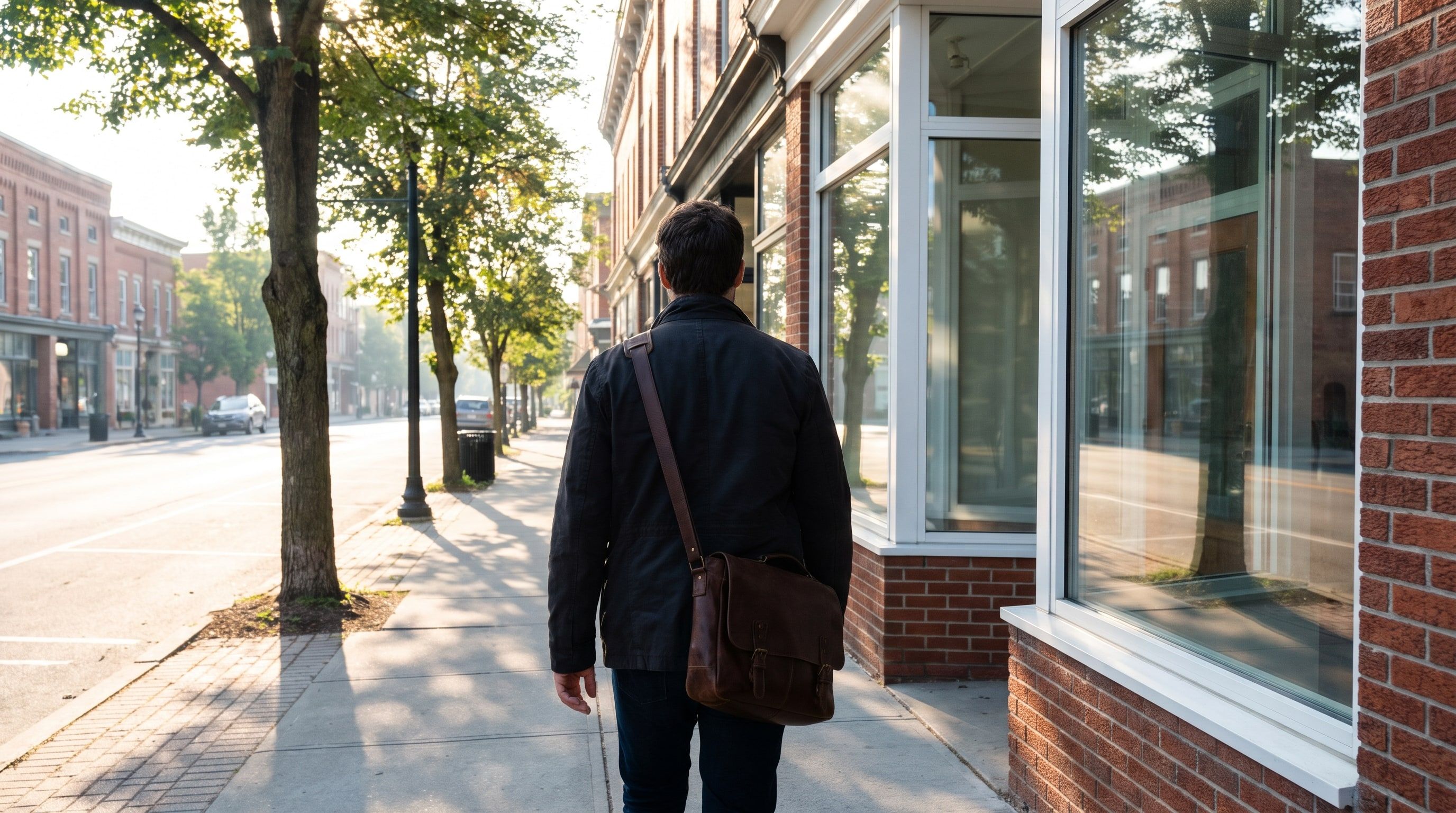 Arriving at a small local storefront on a bright morning